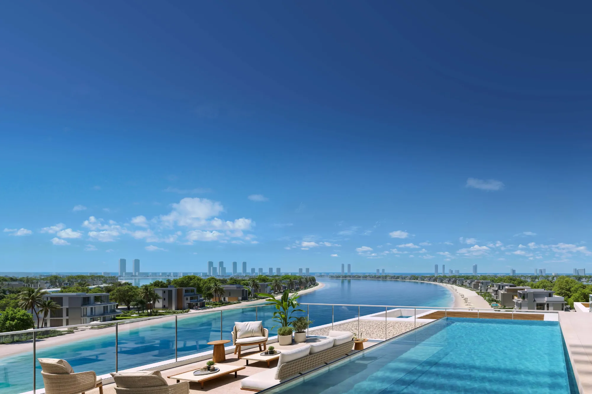 Penthouse terrace with private pool overlooking a frond and the sea